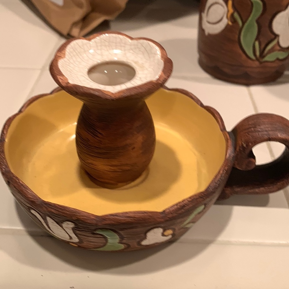 Vintage Brayton Pottery Laguna, CA 1970’s Brown Flower Candle Holder
